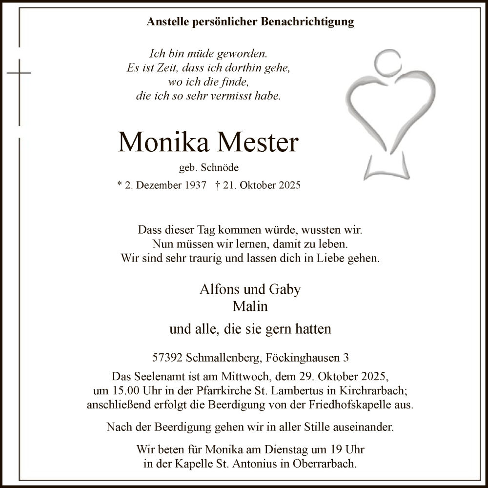  Traueranzeige für Monika Mester vom 25.10.2025 aus HASK