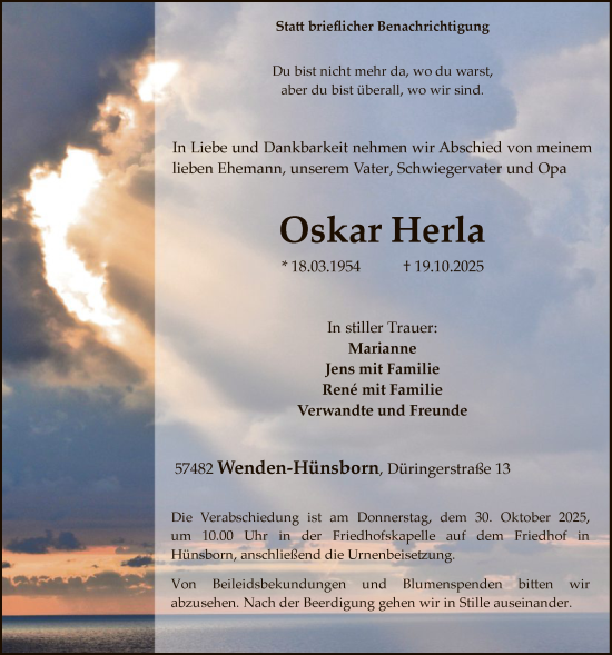 Traueranzeige von Oskar Herla von HASK