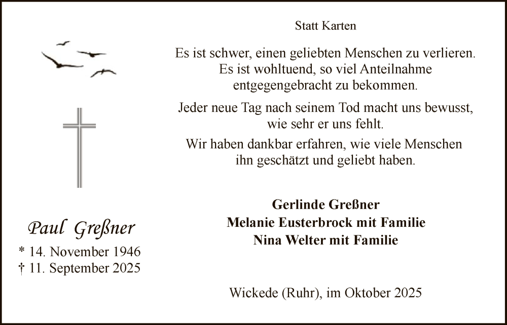  Traueranzeige für Paul Greßner vom 25.10.2025 aus HASO