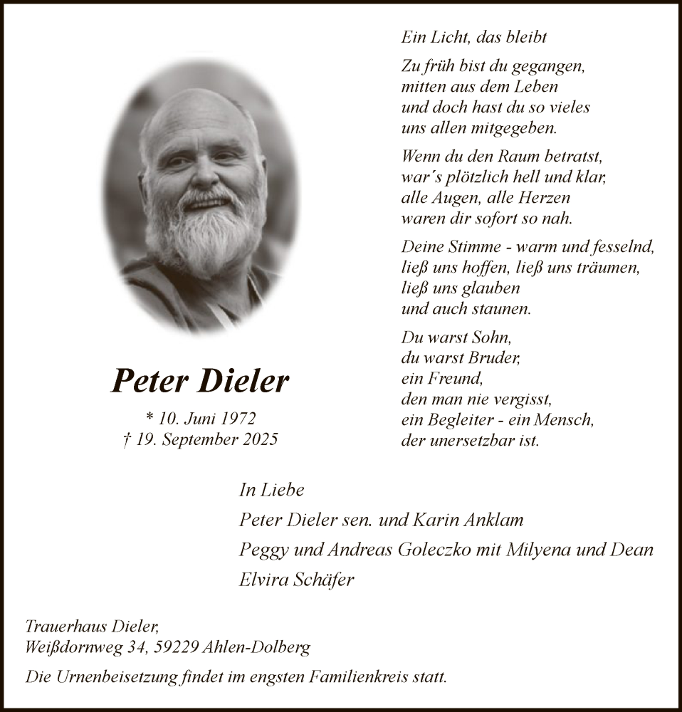  Traueranzeige für Peter Dieler vom 01.10.2025 aus HAWA