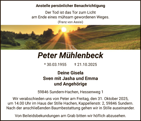 Traueranzeige von Peter Mühlenbeck von HASK