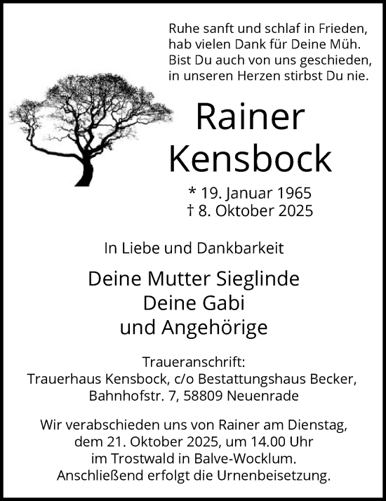 Traueranzeige von Rainer Kensbock von HALN