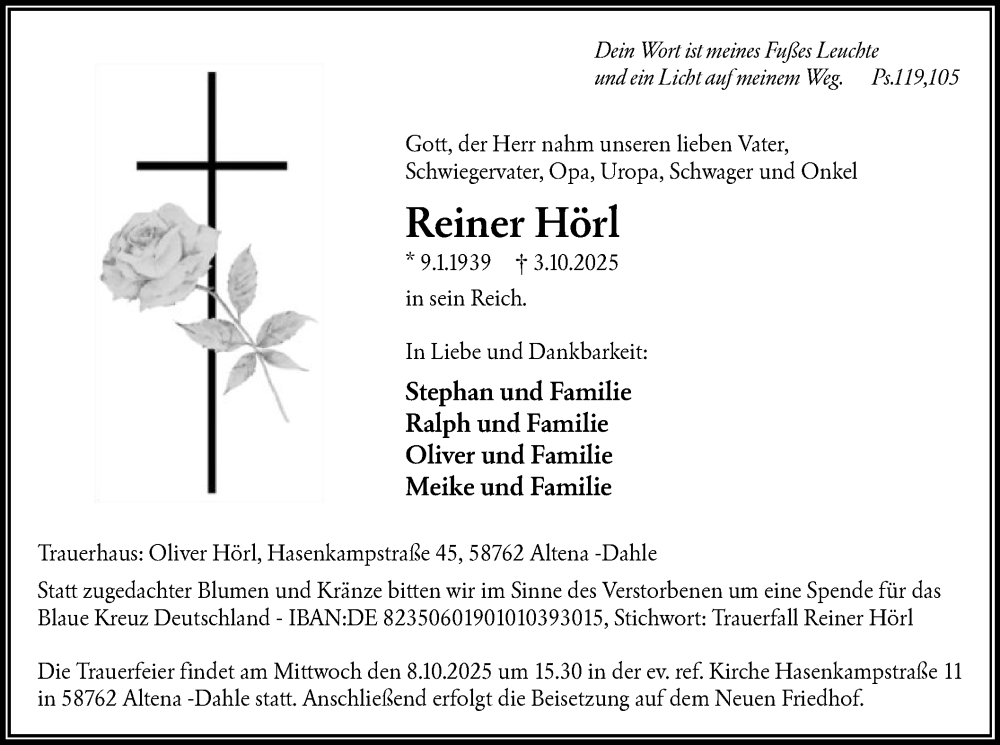  Traueranzeige für Reiner Hörl vom 07.10.2025 aus HALN
