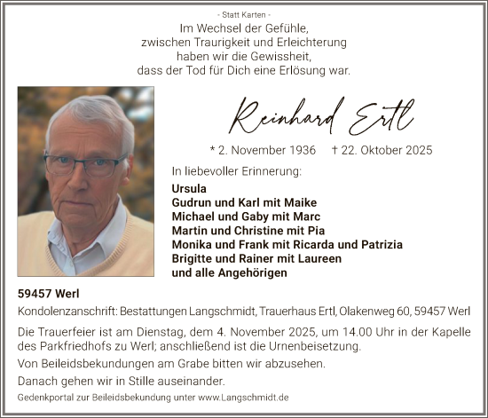 Traueranzeige von Reinhard Ertl von HASO