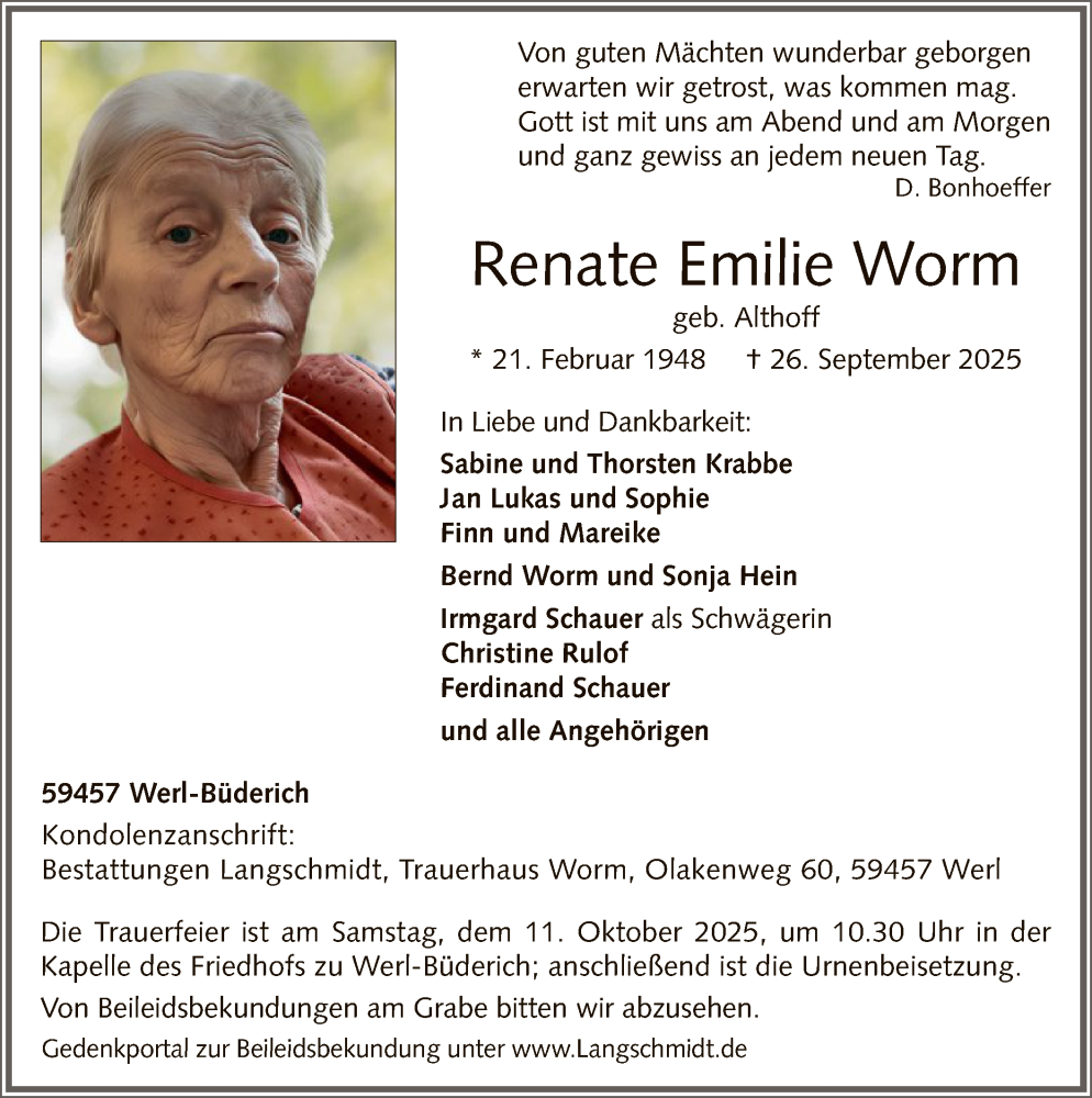  Traueranzeige für Renate Emilie Worm vom 04.10.2025 aus HASO