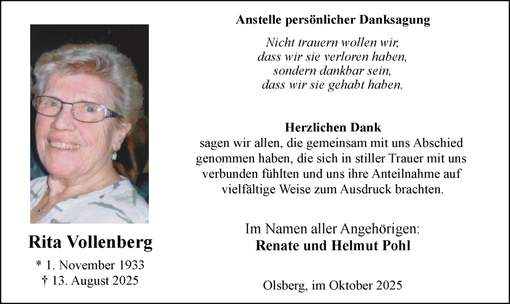  Traueranzeige für Rita Vollenberg vom 11.10.2025 aus HASK