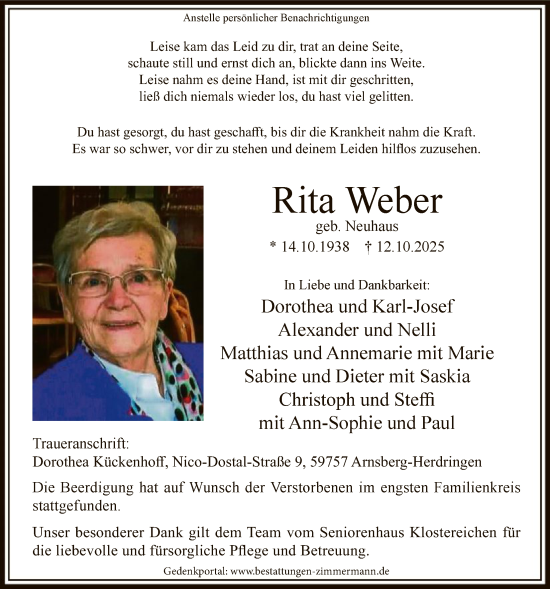 Traueranzeige von Rita Weber von HASK