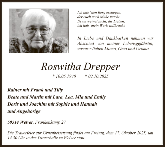 Traueranzeige von Roswitha Drepper von HASO