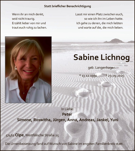 Traueranzeige von Sabine Lichnog von HASK