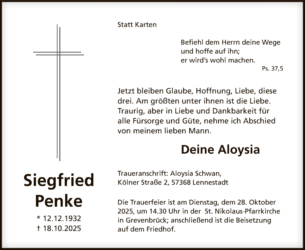  Traueranzeige für Siegfried Penke vom 25.10.2025 aus HASK