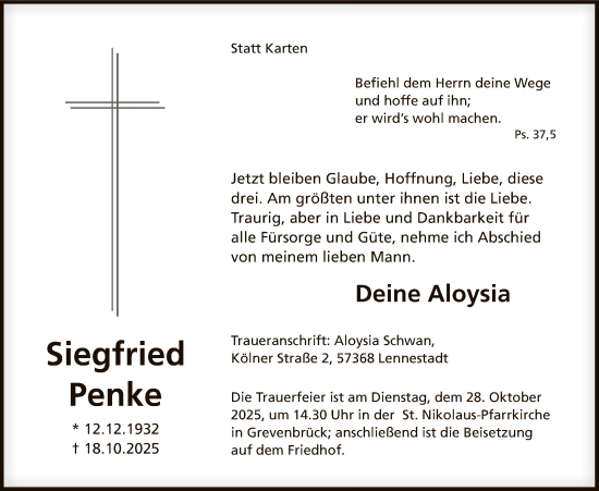 Traueranzeige von Siegfried Penke von HASK