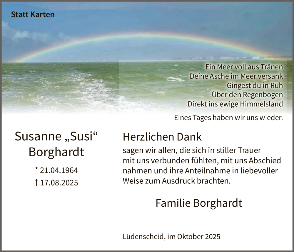  Traueranzeige für Susanne Borghardt vom 11.10.2025 aus HALN
