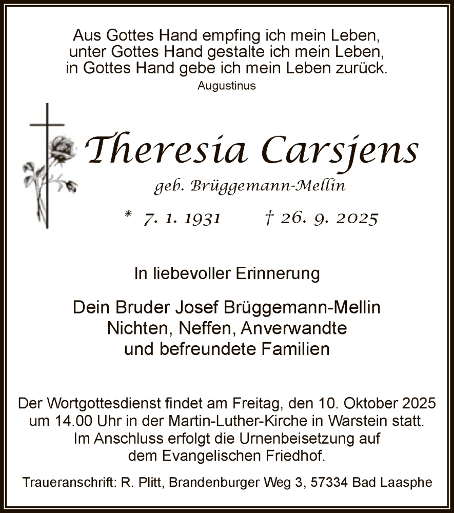  Traueranzeige für Theresia Carsjens vom 07.10.2025 aus HASO