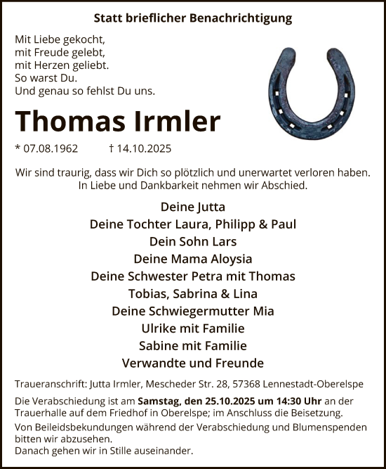 Traueranzeige von Thomas Irmler von HASK