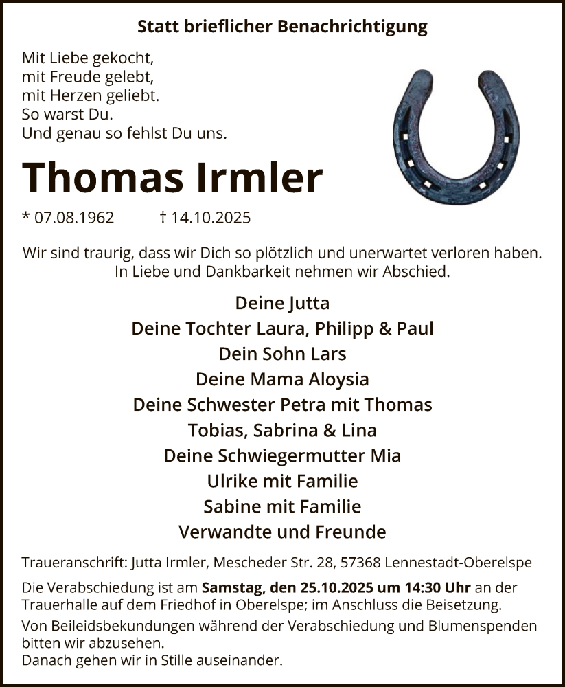  Traueranzeige für Thomas Irmler vom 18.10.2025 aus HASK