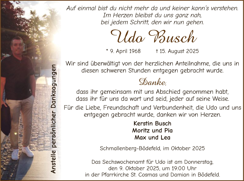  Traueranzeige für Udo Busch vom 04.10.2025 aus HASK