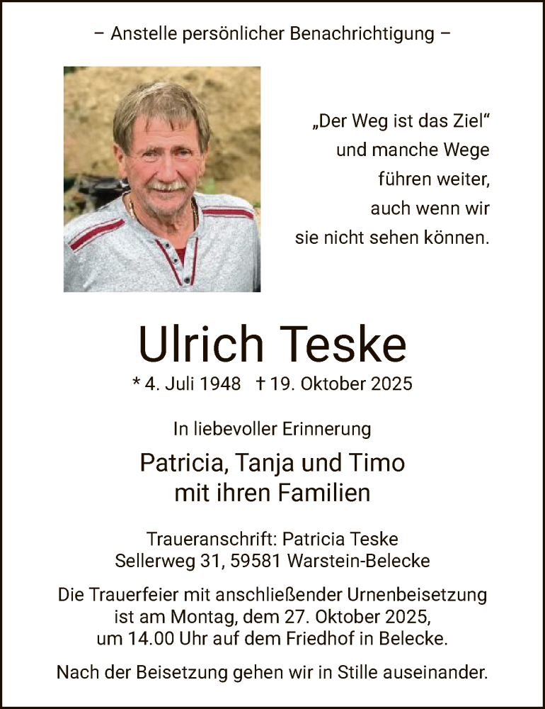  Traueranzeige für Ulrich Teske vom 22.10.2025 aus HASO