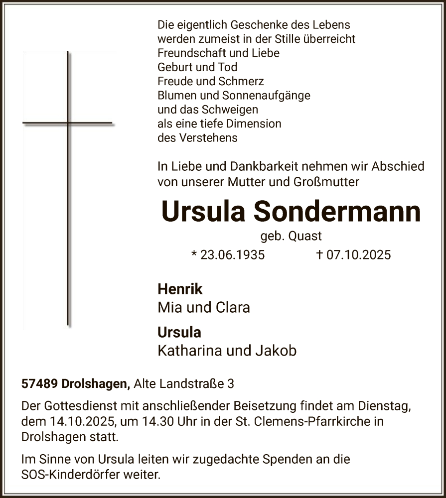  Traueranzeige für Ursula Sondermann vom 11.10.2025 aus HASK