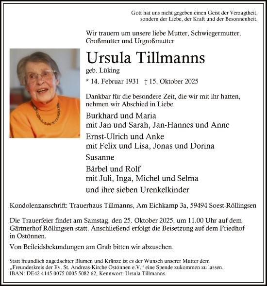 Traueranzeige von Ursula Tillmanns von HASO