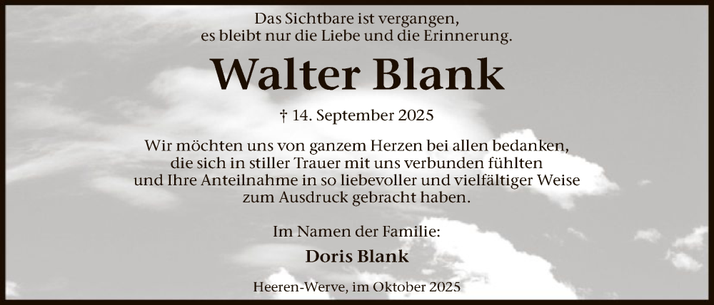  Traueranzeige für Walter Blank vom 25.10.2025 aus HAWA