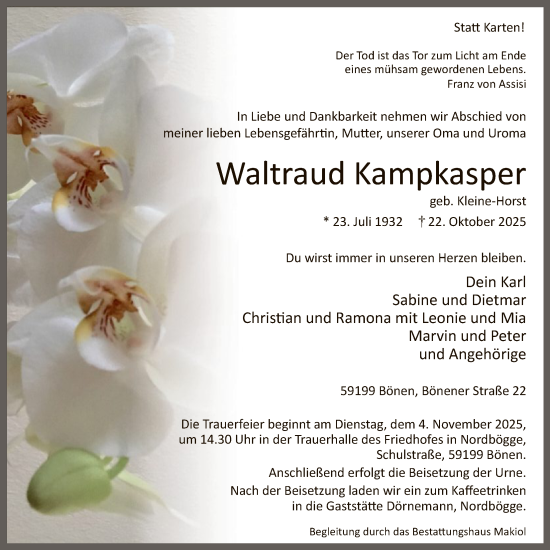 Traueranzeige von Waltraud Kampkasper von HAWA