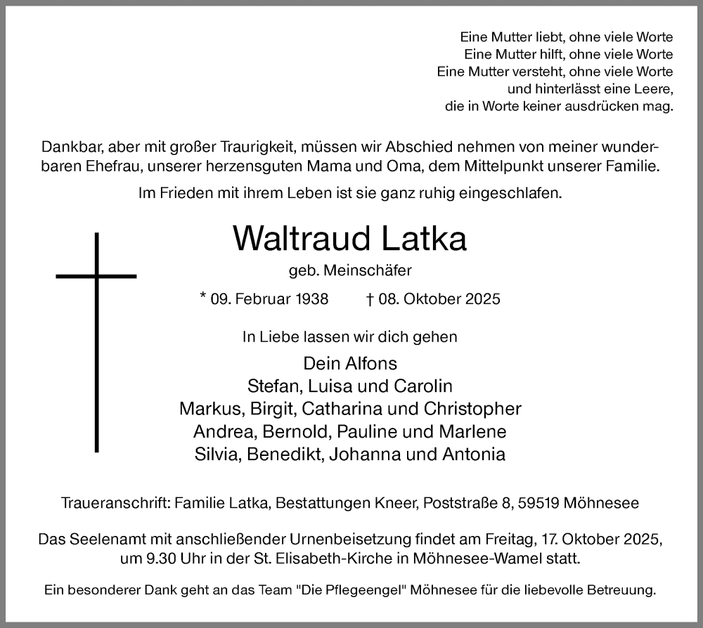 Traueranzeige für Waltraud Latka vom 11.10.2025 aus HASO