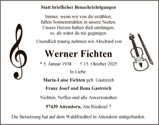 Traueranzeige von Werner Fichten von HASK