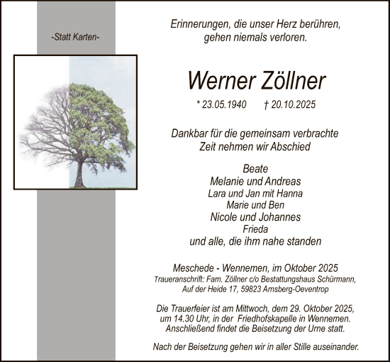 Traueranzeige von Werner Zöllner von HASK