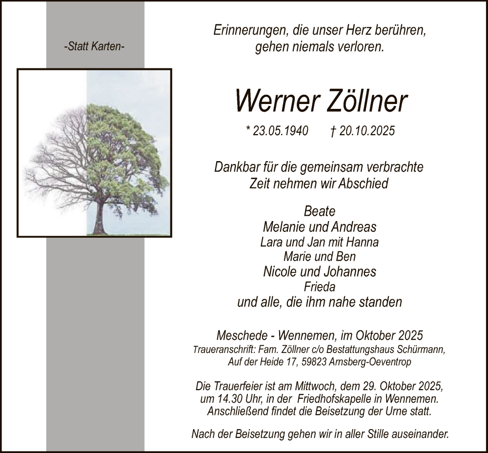 Traueranzeige für Werner Zöllner vom 25.10.2025 aus HASK
