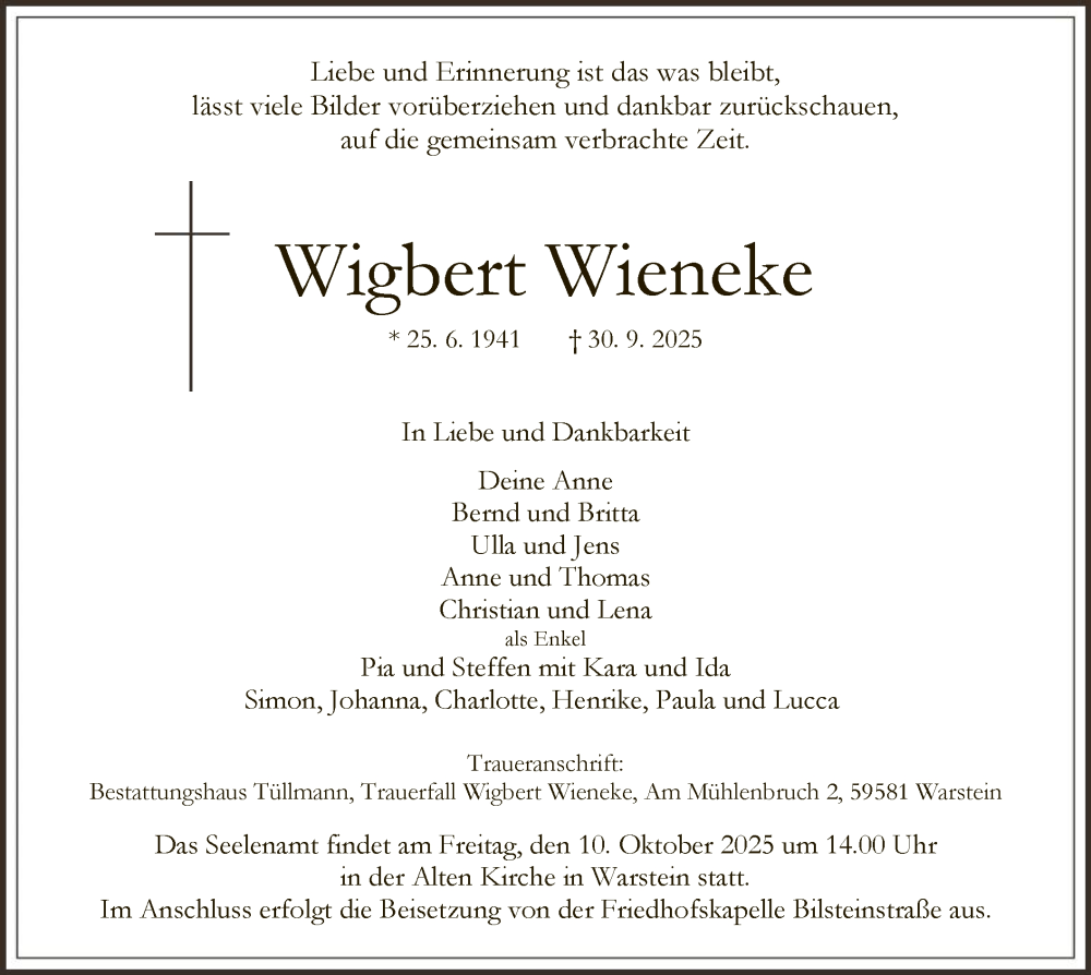  Traueranzeige für Wigbert Wieneke vom 04.10.2025 aus HASO