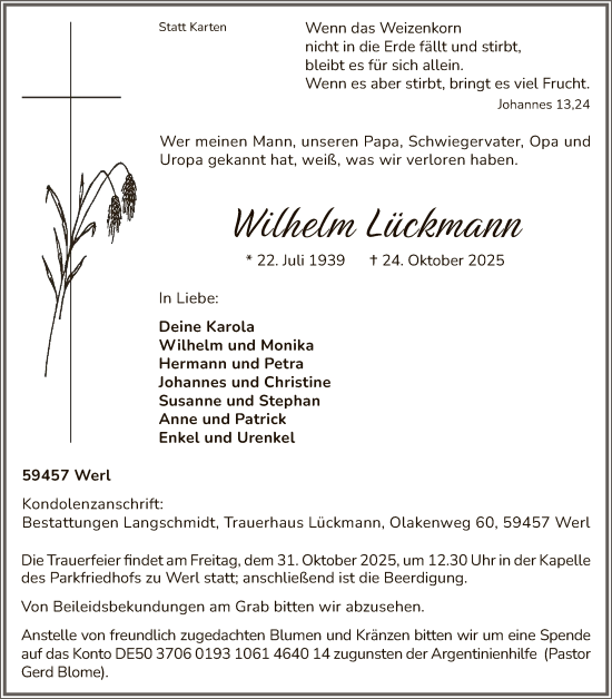 Traueranzeige von Wilhelm Lückmann von HASO