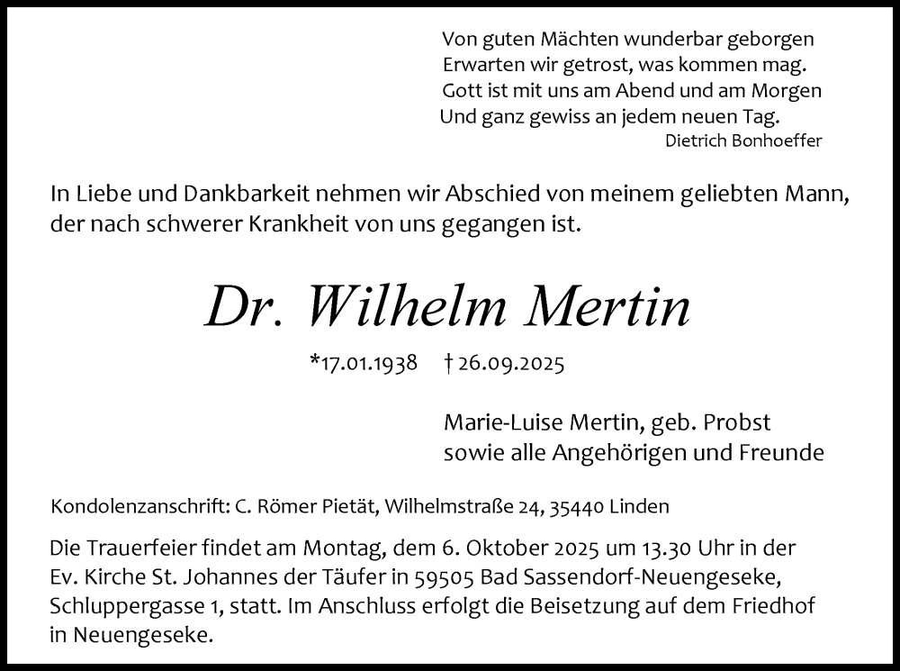  Traueranzeige für Wilhelm Mertin vom 01.10.2025 aus HASO
