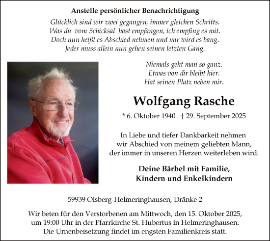 Traueranzeige von Wolfgang Rasche von HASK