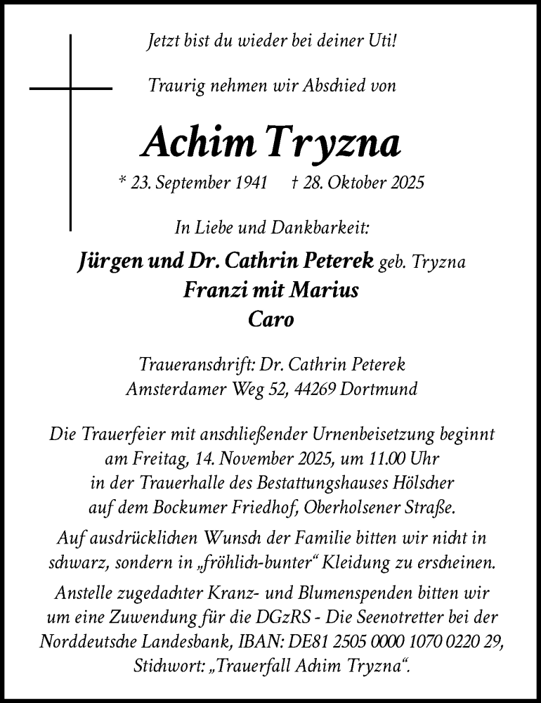  Traueranzeige für Achim Tryzna vom 08.11.2025 aus HAWA
