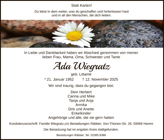 Traueranzeige von Ada Wiegratz von HAWA