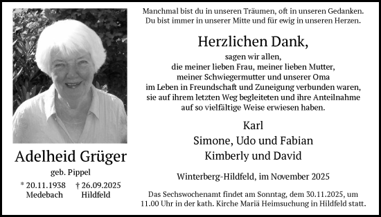 Traueranzeige von Adelheid Grüger von HASK