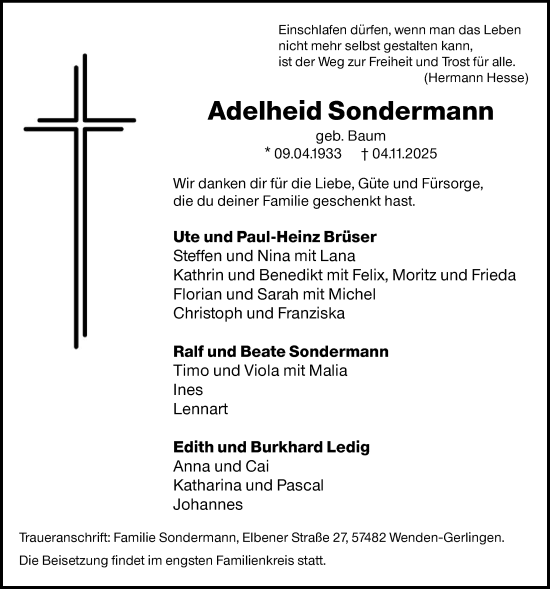 Traueranzeige von Adelheid Sondermann von HASK
