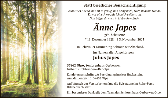 Traueranzeige von Änne Japes von HASK