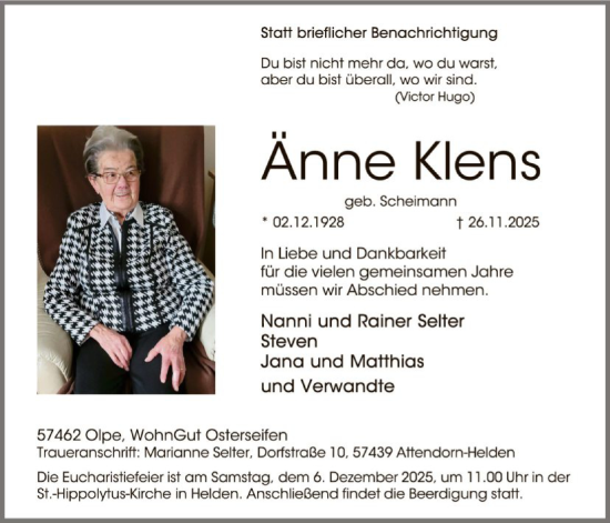 Traueranzeige von Änne Klens von HASK