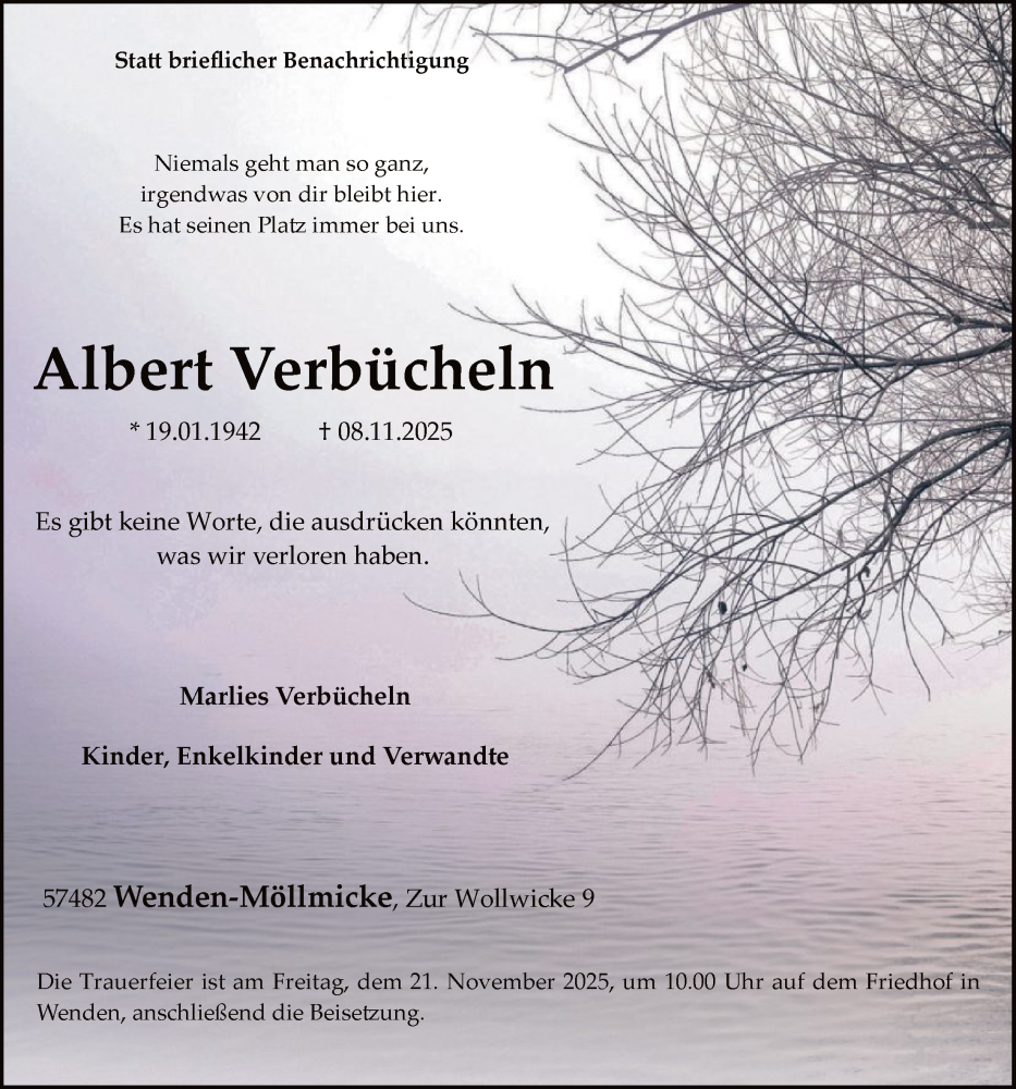  Traueranzeige für Albert Verbücheln vom 15.11.2025 aus HASK