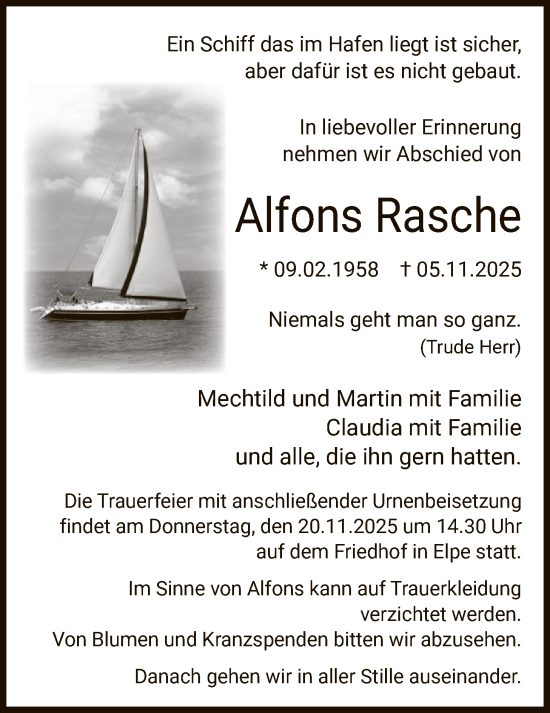 Traueranzeige von Alfons Rasche von HASK
