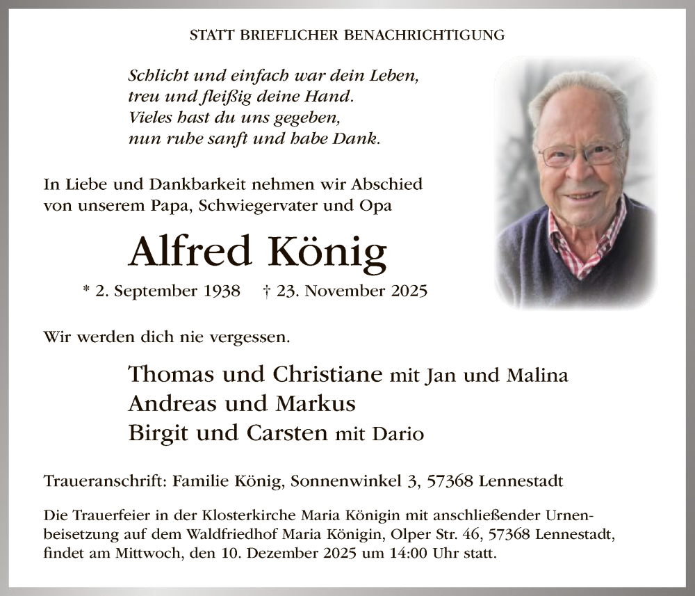  Traueranzeige für Alfred König vom 29.11.2025 aus HASK