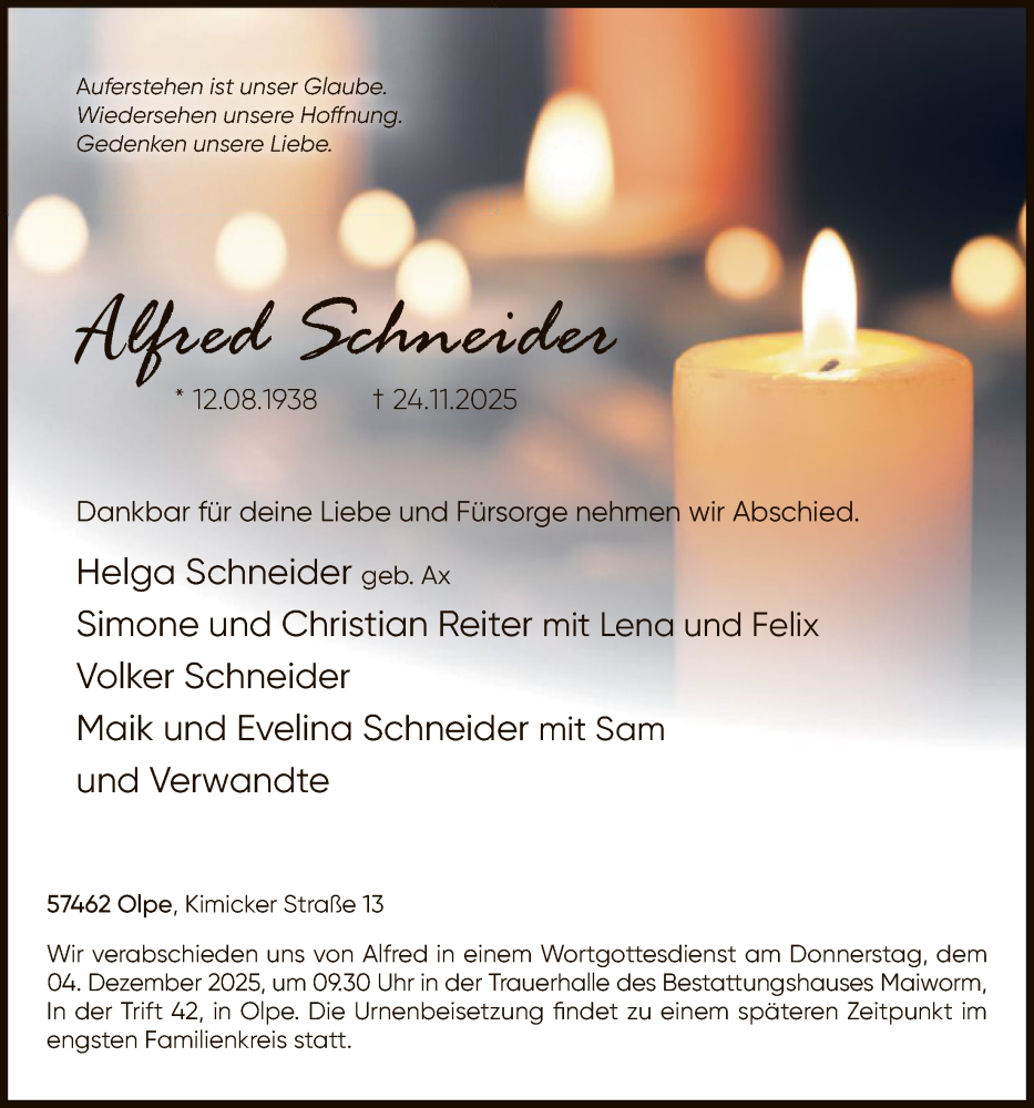  Traueranzeige für Alfred Schneider vom 29.11.2025 aus HASK