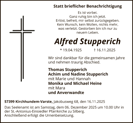 Traueranzeige von Alfred Stupperich von HASK