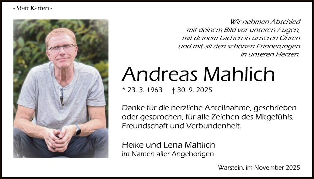  Traueranzeige für Andreas Mahlich vom 08.11.2025 aus HASO