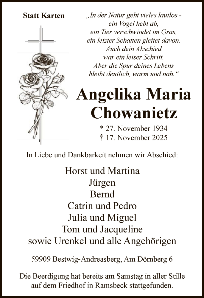  Traueranzeige für Angelika Maria Chowanietz vom 22.11.2025 aus HASK