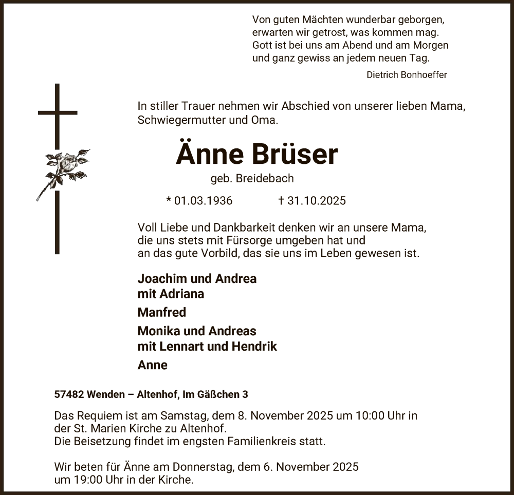  Traueranzeige für Anne Brüser vom 08.11.2025 aus HASK