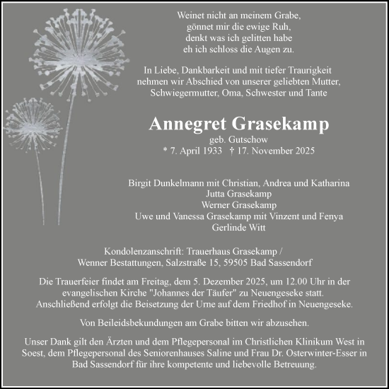Traueranzeige von Annegret Grasekamp von HASO