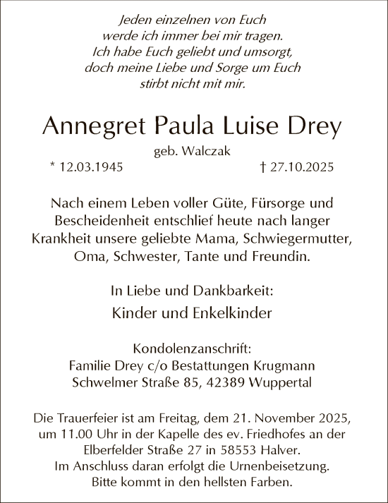 Traueranzeige von Annegret Paula Luise Drey von HALN