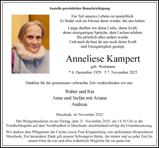 Traueranzeige von Anneliese Kampert von HASK